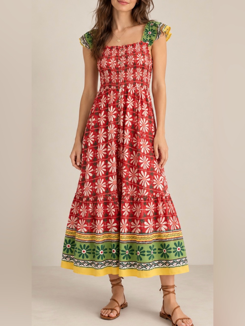 Floral Maxi Dress in Red & Green Size Medium